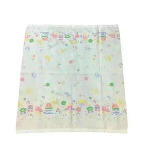 Baby Blanket Multicolor Pastel Print Trains Boats Rockets 46x40 Satin Bind VTG